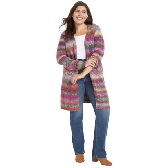 Lane Bryant Open-Front Spacedye Cardigan in Rainbow Stripe Sz 10/12 - Picture 1 of 10